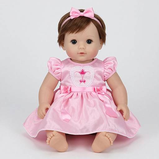 Photograph of a porcelain baby doll with brown hair, blue eyes, wearing a pink satin dress with heart and bow details, and a matching pink bow