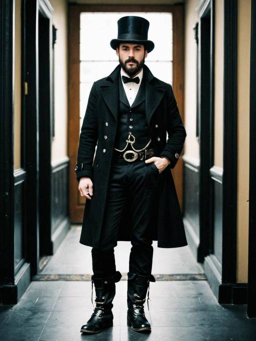 Man in Victorian Style Black Coat and Top Hat