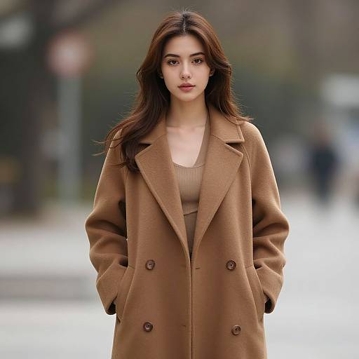 Photograph of a young Asian woman with long brown hair, wearing a brown wool coat over a beige top, standing in a blurred urban street.