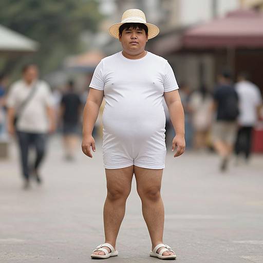 Photograph of a plus-sized Asian man wearing a white t-shirt, white shorts, straw hat, and white sandals, standing in a busy urban street