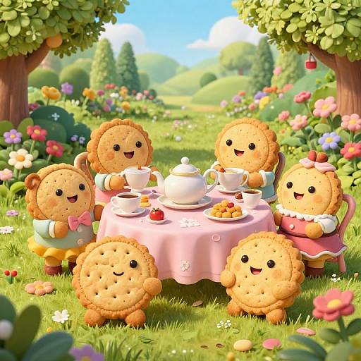 Cute digital illustration of five smiling cookie-like characters having a tea party outdoors under blooming trees with a colorful garden background.
