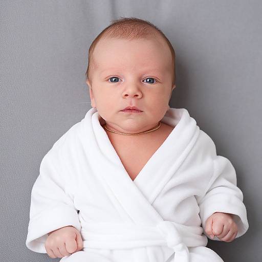 Photograph of a baby with light skin, blue eyes, and short brown hair, wearing a white robe and gold necklace, against a gray background.