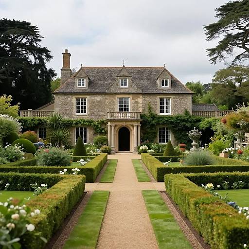 Photograph of a grand, stone English mansion with ivy-covered walls, symmetrical garden with manicured hedges, flower beds, and gravel path
