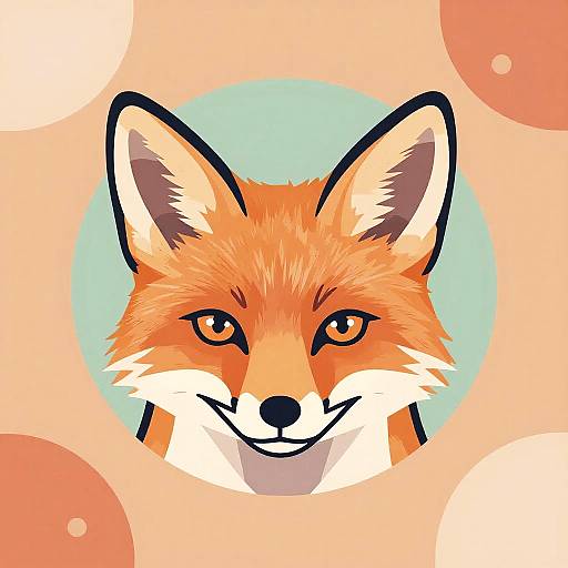 Digital illustration of a smiling fox's head with vibrant orange fur, black and white ears, and teal circular background, surrounded by pink and orange polka