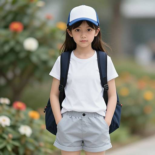 Photograph of an Asian girl with long black hair, wearing a white cap, white t-shirt, and light gray shorts, standing in a blurred garden
