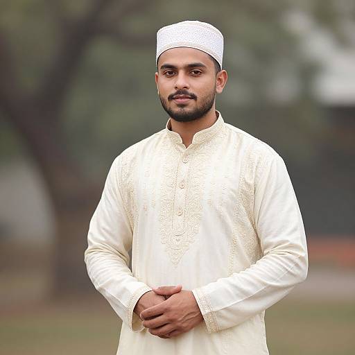 Photograph of a young South Asian man with a trimmed beard, wearing a white traditional long kurta and cap, standing outdoors with hands clasped,
