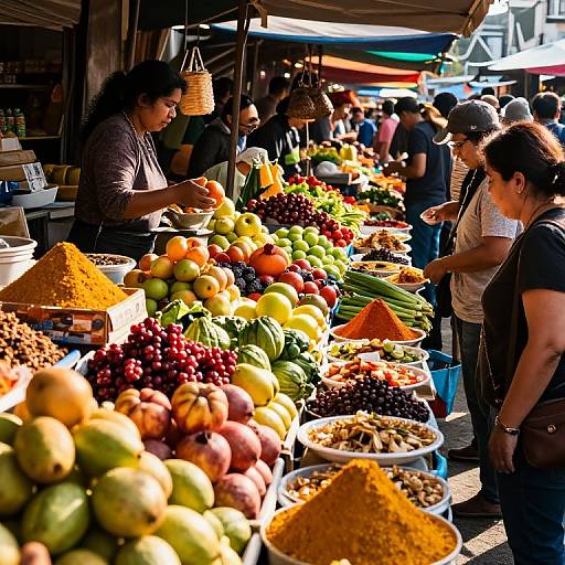 Vibrant outdoor market photograph of diverse customers and vendors, colorful fruits and spices, sunlight creating vivid contrasts, busy bustling atmosphere.