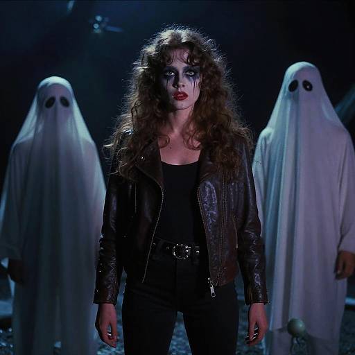 Photograph of a woman with curly brown hair, dark makeup, and a black leather jacket, standing between two ghost figures in a dark, eerie setting