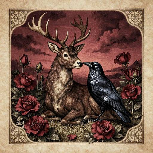Regal Stag and Raven Among Roses