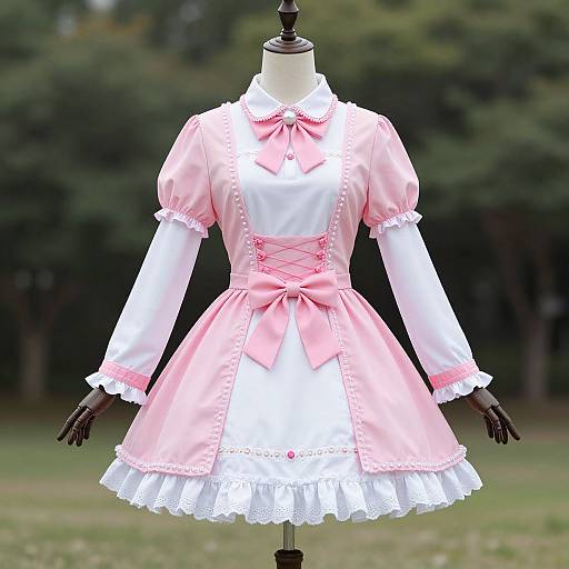 Photograph of a pink and white Victorian-style dress on a black mannequin, featuring lace trim, ribbon bow, and detailed corset lace-up