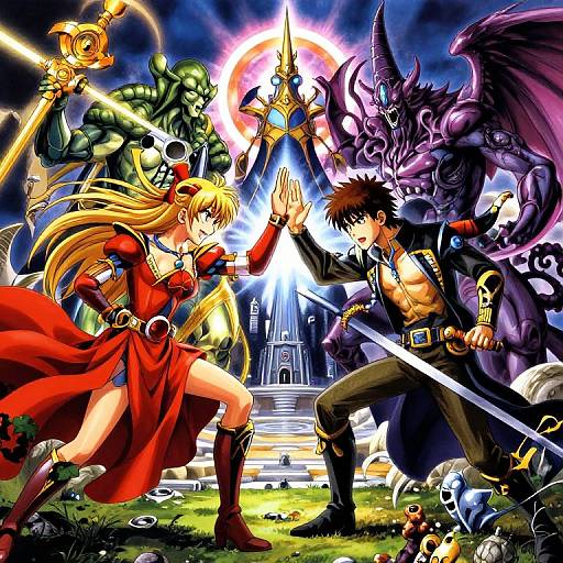 Vibrant anime-style battle scene: blonde woman in red dress, brown-haired man in military jacket, fighting green ogre, purple demon, with