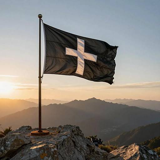 Photograph of a black Swiss flag with white cross, waving on a rocky mountain peak at sunset, with distant mountain ranges and a clear, blue sky