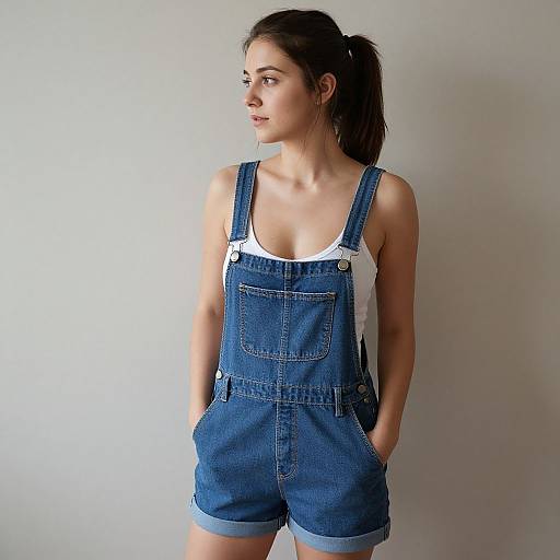Photograph of a young woman with light skin and dark hair in a ponytail, wearing blue denim overalls over a white tank top, standing against