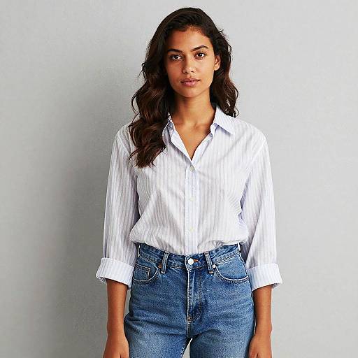 Photograph of a young woman with long, wavy dark hair, wearing a white pinstriped shirt and blue high-waisted jeans,