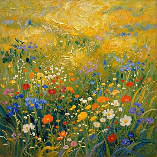 Vibrant oil painting of a sunlit meadow filled with swirling golden light, colorful wildflowers, including red, blue, orange, and white