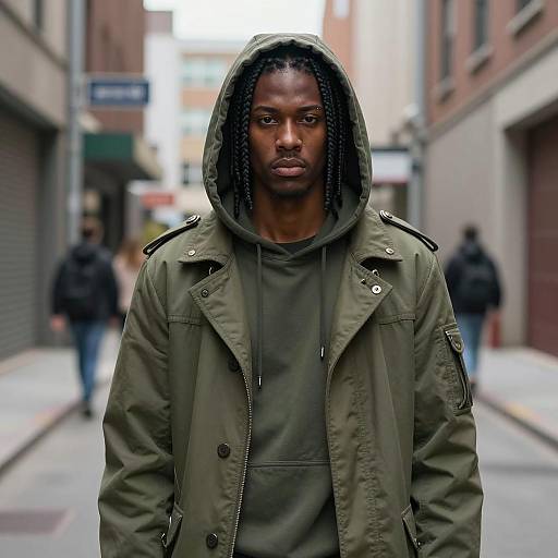 Serious Young Man in Olive Green Hooded Coat