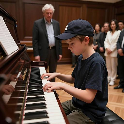 Young Pianist in Ornate Dark Room