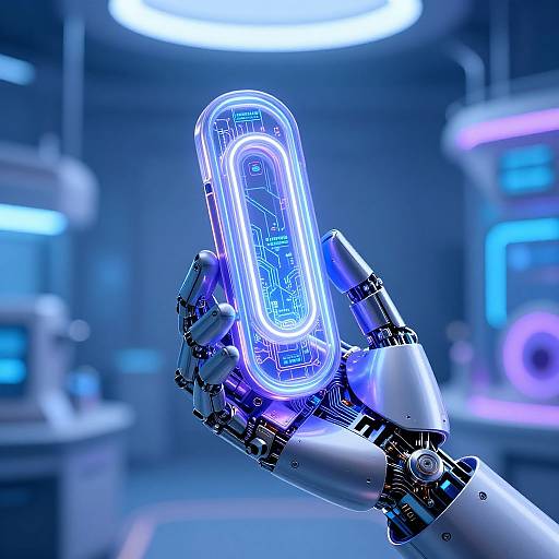Photograph of a robotic hand holding a glowing, neon blue, circuit-board-like object in a futuristic, blue-lit laboratory.