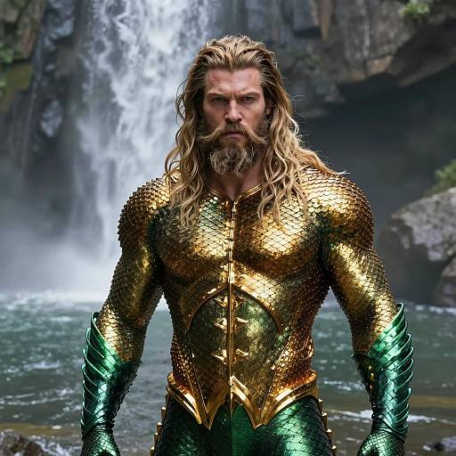 Muscular Aquaman in Green and Gold Armor