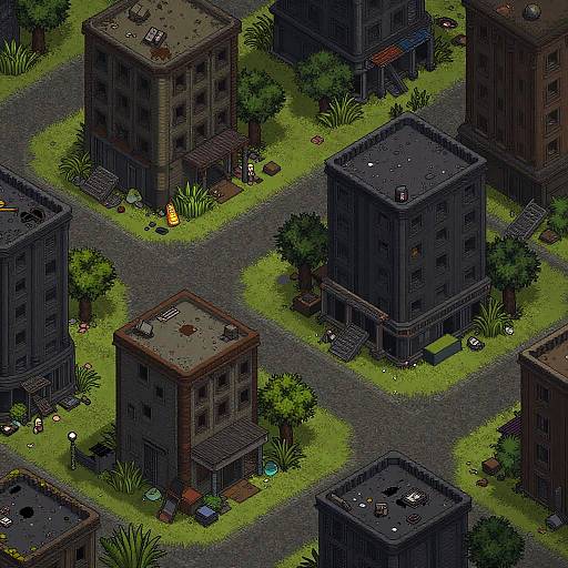 Pixel art of a neglected urban block with overgrown grass, abandoned buildings, scattered trash, trees, and a lone figure at night.