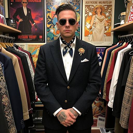 Photograph of a stylish man with short black hair, dark sunglasses, black tuxedo, bow tie, and star brooch, standing in a