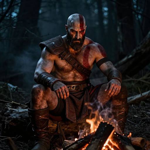 Photograph of a muscular, bald, bearded man with a blood-streaked face, wearing armor and leather, squatting by a campfire
