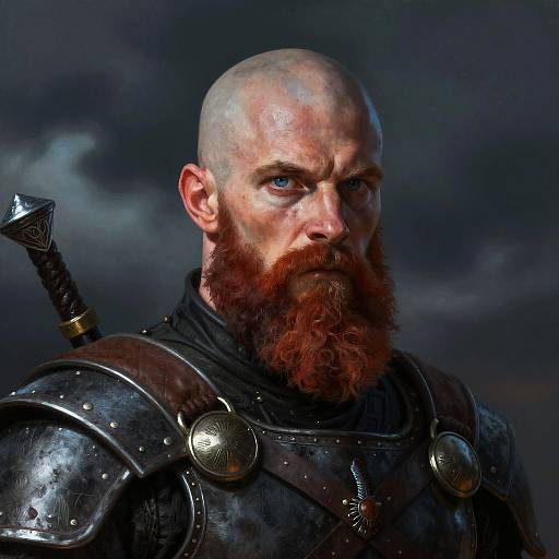 Photorealistic digital portrait of a bald, bearded Viking warrior with intense blue eyes, wearing dark, weathered armor and a sheathed sword on