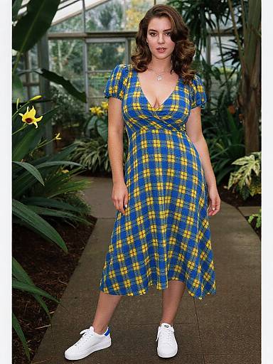 Busty Woman in Plaid Midi Dress
