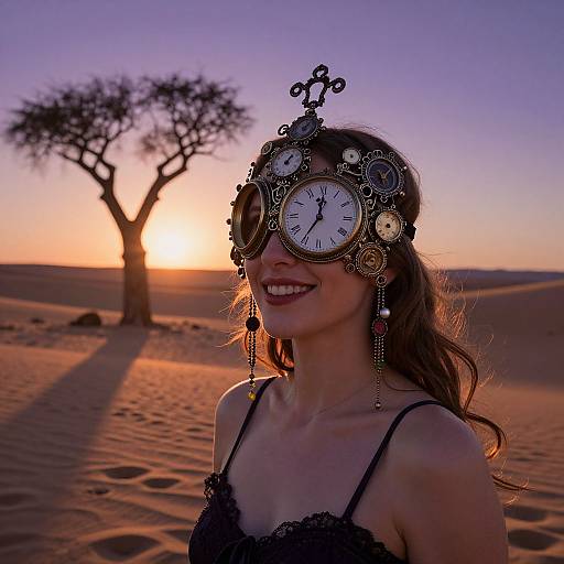 Photograph of a smiling woman in a black lace top, wearing a clock headpiece, standing in a desert at sunset with a silhouetted