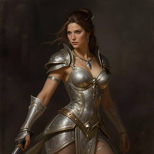 Photorealistic digital painting of a fierce, dark-haired woman in shiny, metallic armor with a blue gemstone necklace, standing confidently against a dark background