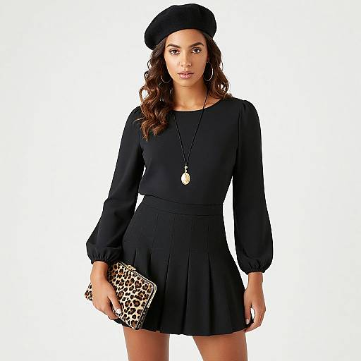 Photograph of a woman with long wavy brown hair, wearing a black beret, long-sleeve black top, and pleated black skirt