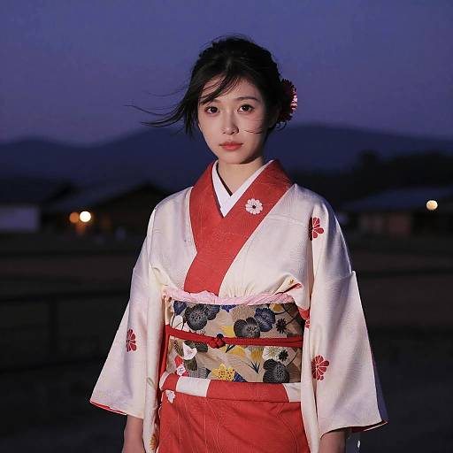 Young Woman in Red and White Kimono at Night