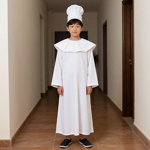 Photograph of a young boy in a white chef's outfit and hat, standing in a narrow, tiled hallway with white walls. He wears black shoes