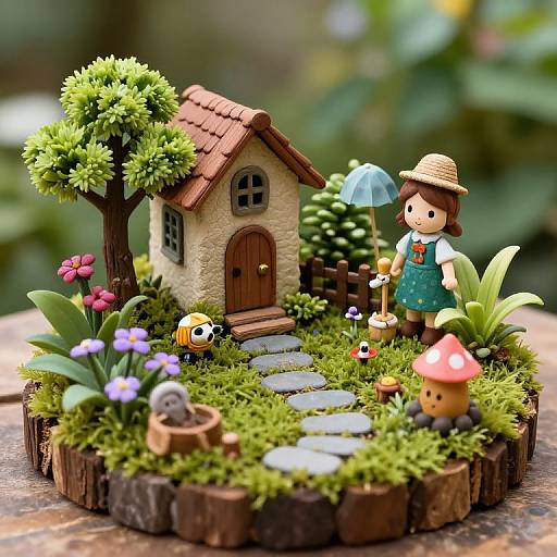 Whimsical miniature diorama of a cottage with a girl in a hat and dress, holding an umbrella, surrounded by moss, flowers, mushrooms,
