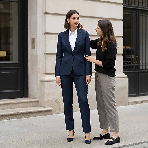 Photograph of two women in a city street: one in navy suit with white shirt, dark blue heels, and the other in black top, gray