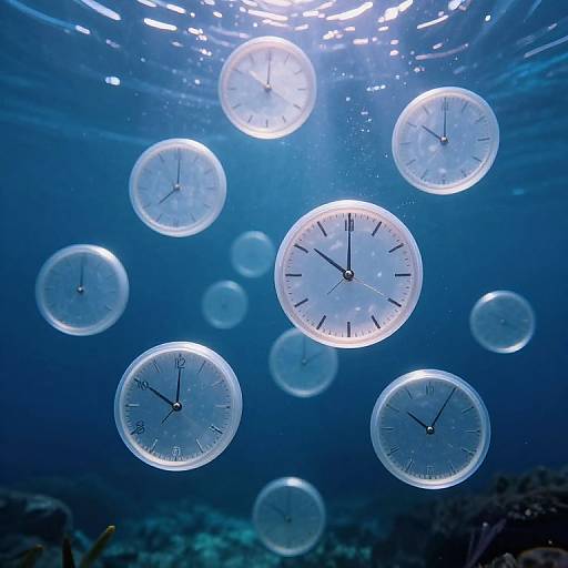 Photograph of underwater scene with floating, glowing clock faces in various sizes, illuminated by sunlight, against a deep blue ocean background.