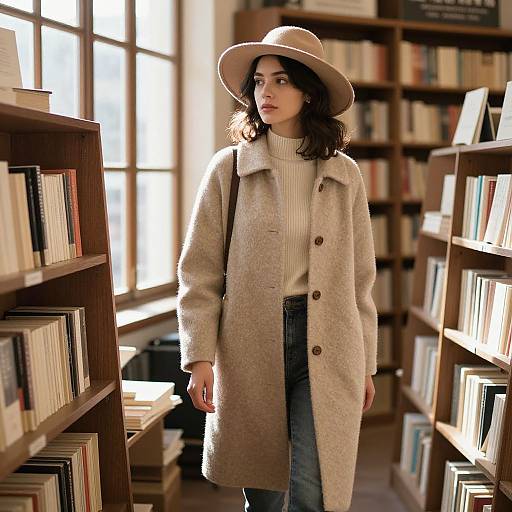 Petite Model in Cozy Bookstore