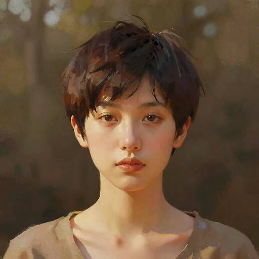 Digital painting of an androgynous Asian person with short, dark hair, fair skin, and neutral expression, wearing a brown top, set against