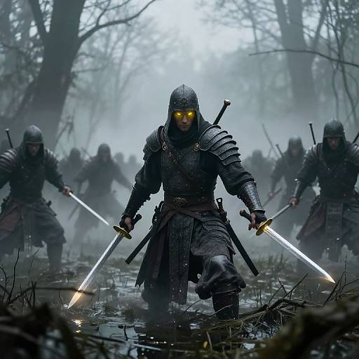 Photorealistic CGI of a fierce, armored warrior with glowing yellow eyes, wielding two glowing swords, leading a foggy forest battle.