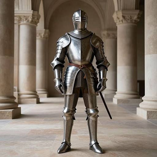 Photorealistic CGI of a medieval knight in shiny silver armor, standing in a grand, stone-columned hall with arched ceilings.