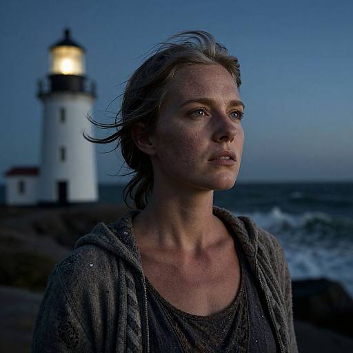 Photograph of a wind-swept, determined woman with wet hair, wearing a grey hooded shirt, standing by a lit lighthouse at dusk