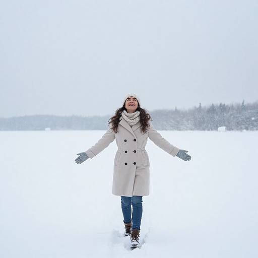Photograph of a smiling woman with long dark hair, wearing a beige coat, blue jeans, gray gloves, and scarf, standing in a snowy field