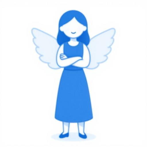 Blue monochrome digital drawing of a smiling, winged girl with straight hair, arms crossed, wearing a sleeveless dress and shoes.