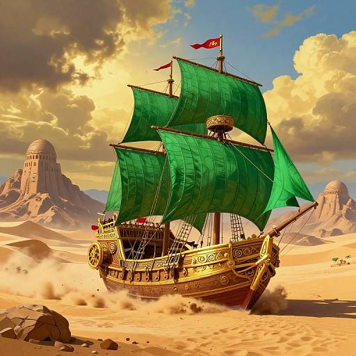 Vibrant digital illustration of an ornate, green-sailed galleon sailing through a desert with towering rock formations and a cloudy, golden sunset