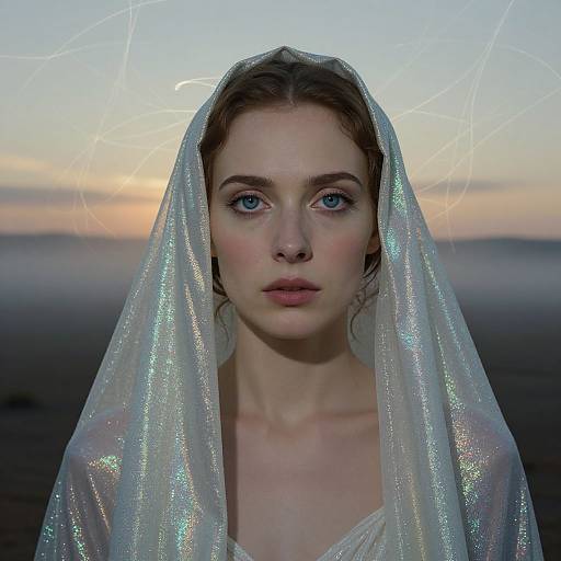 Photograph-style digital art of a young woman with blue eyes, wearing a shimmering white veil, against a twilight sky.