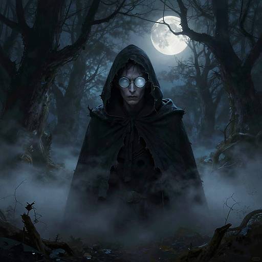 Mysterious figure in dark hooded cloak with glowing white eyes, standing in foggy, moonlit forest. Gothic, eerie, digital artwork.