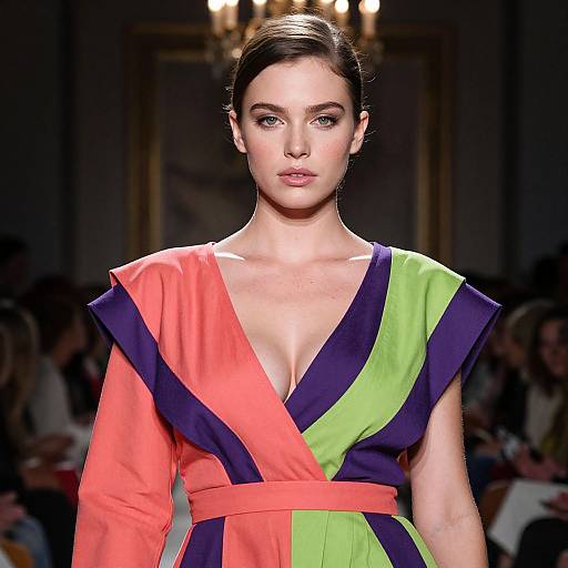Photograph of a female model with fair skin, dark hair in an updo, wearing a vivid, geometric-patterned dress with red, green,