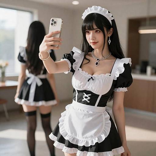 Woman in Maid Outfit Taking Selfie