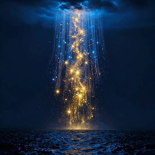 Digital artwork of glowing golden and blue stars cascading from a dark cloud over a dark ocean, creating a radiant waterfall of light.