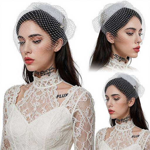 Photograph of a fair-skinned woman with black hair, wearing a white lace dress, mesh headpiece, and choker with 